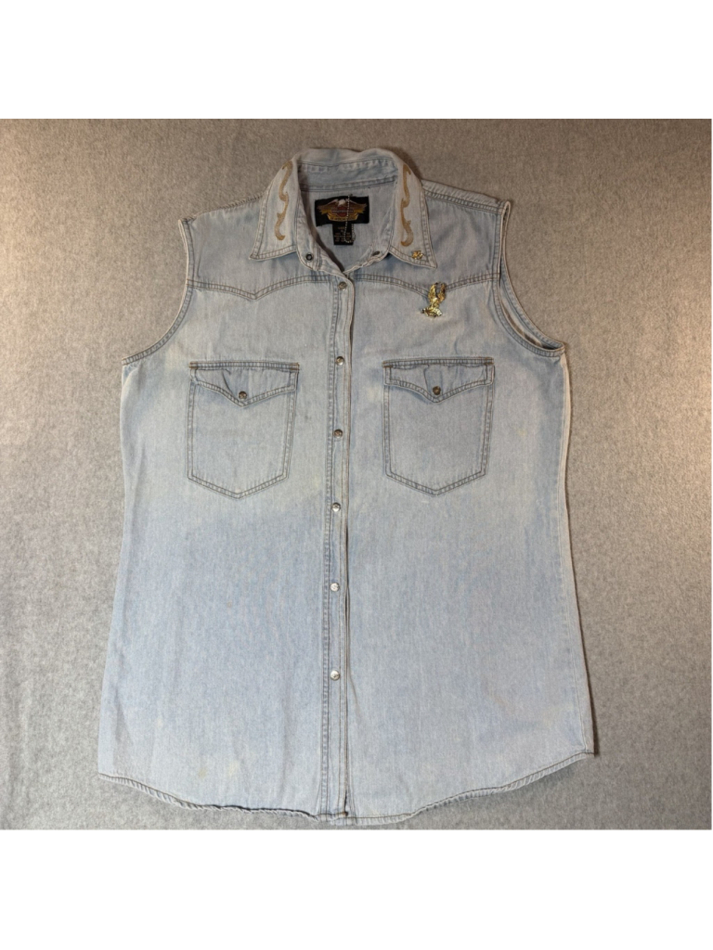 Vintage Harley Davidson Denim Sleeveless Shirt Sturgis Pin Biker Vest Womens XL
